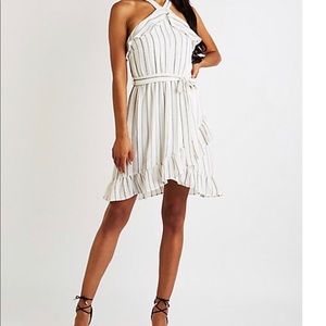 Striped Ruffle Trim Bib Neck Dress